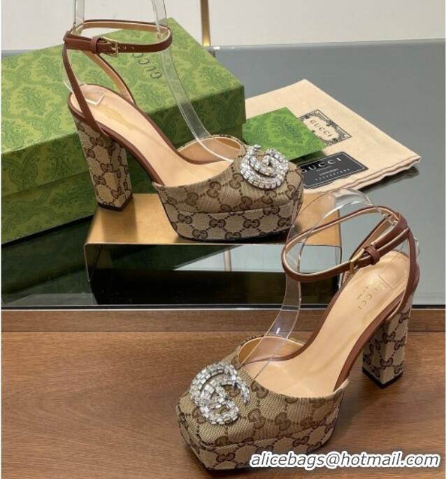 Trendy Design Gucci Canvas Framed Platform Pumps12cm with Strass GG Beige 1231122