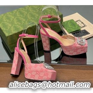 Hot Style Gucci Canvas Framed Platform Pumps12cm with Strass GG Pink 1231124