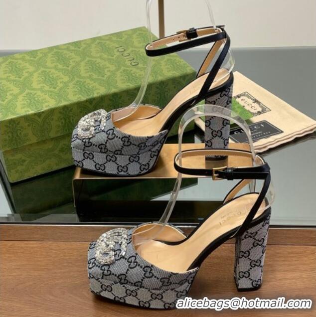 Top Design Gucci Canvas Framed Platform Pumps12cm with Strass GG Grey 1231125