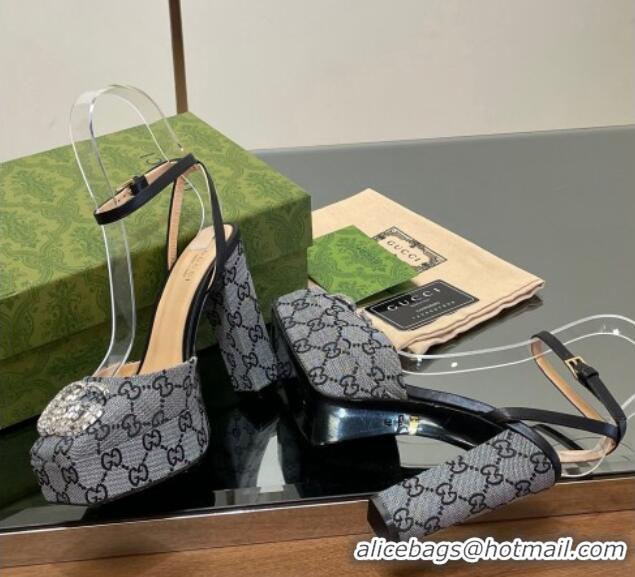 Top Design Gucci Canvas Framed Platform Pumps12cm with Strass GG Grey 1231125