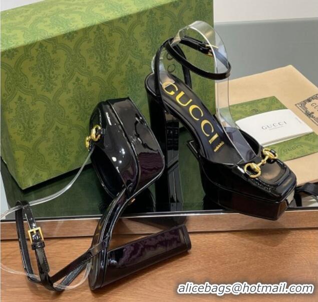 Shop Duplicate Gucci Patent Leather Framed Platform Pumps12cm with Horsebit Black 1231126