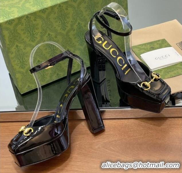 Shop Duplicate Gucci Patent Leather Framed Platform Pumps12cm with Horsebit Black 1231126