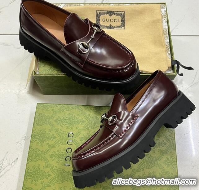 Unique Style Gucci Shiny Leather Platform Loafers 4.5cm with Horsebit Dark Brown 1231133