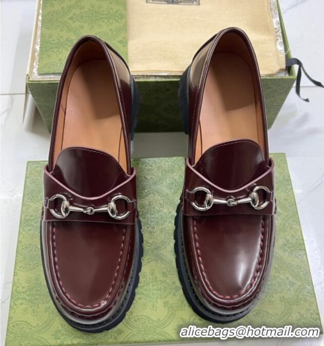 Unique Style Gucci Shiny Leather Platform Loafers 4.5cm with Horsebit Dark Brown 1231133