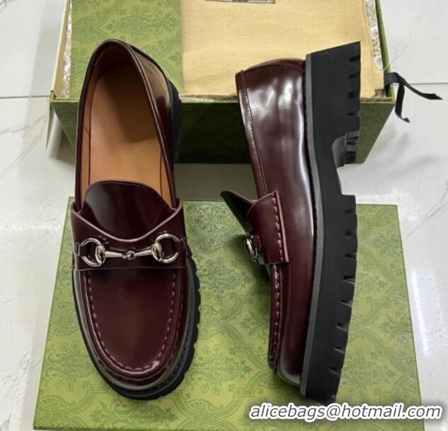 Unique Style Gucci Shiny Leather Platform Loafers 4.5cm with Horsebit Dark Brown 1231133