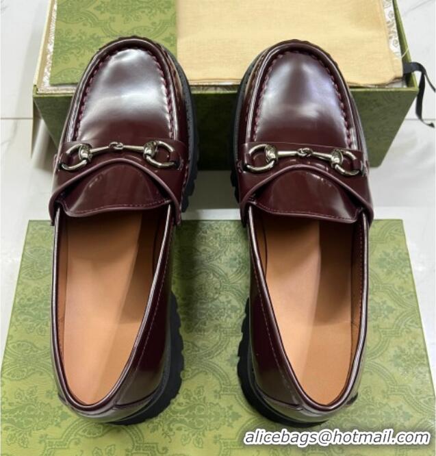 Unique Style Gucci Shiny Leather Platform Loafers 4.5cm with Horsebit Dark Brown 1231133