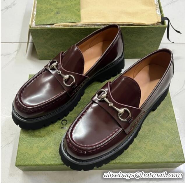 Unique Style Gucci Shiny Leather Platform Loafers 4.5cm with Horsebit Dark Brown 1231133