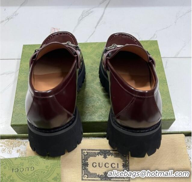 Unique Style Gucci Shiny Leather Platform Loafers 4.5cm with Horsebit Dark Brown 1231133