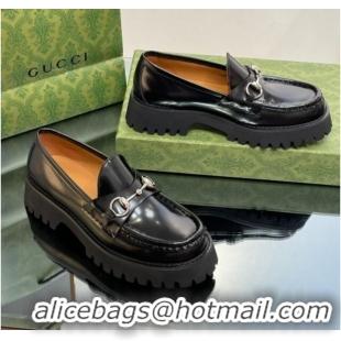 Hot Style Gucci Shiny Leather Platform Loafers 4.5cm with Horsebit Black 1231134