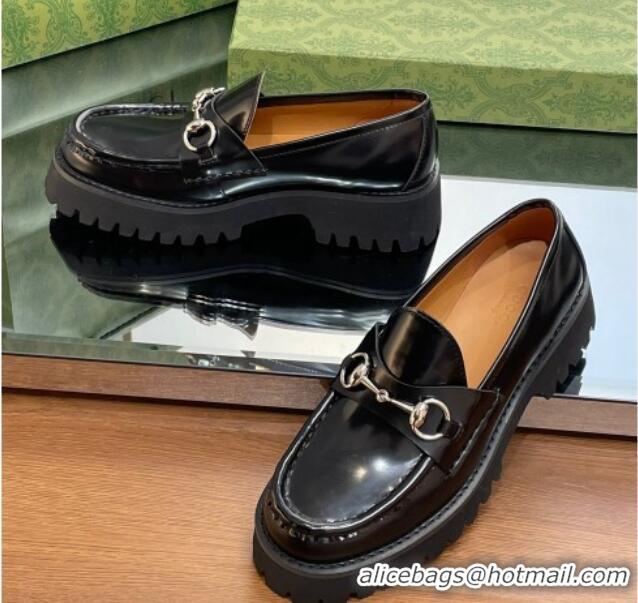 Hot Style Gucci Shiny Leather Platform Loafers 4.5cm with Horsebit Black 1231134