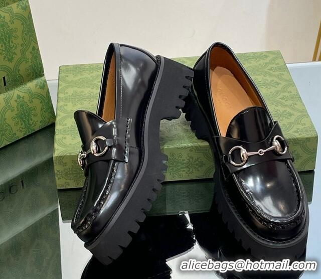 Hot Style Gucci Shiny Leather Platform Loafers 4.5cm with Horsebit Black 1231134