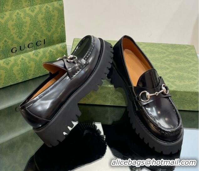 Hot Style Gucci Shiny Leather Platform Loafers 4.5cm with Horsebit Black 1231134