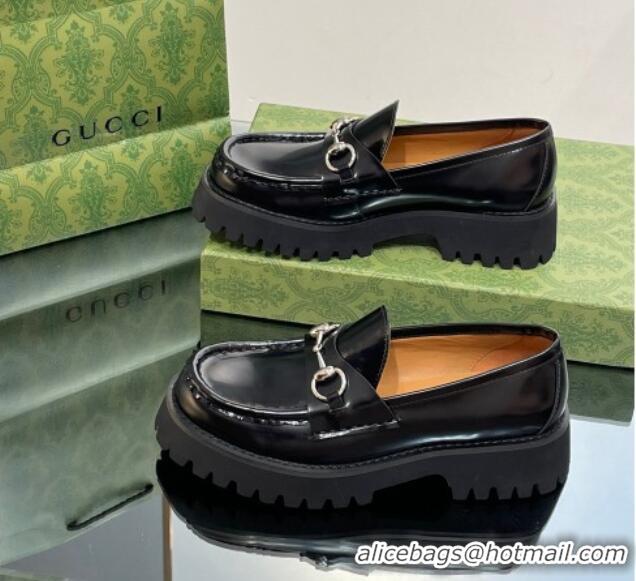 Hot Style Gucci Shiny Leather Platform Loafers 4.5cm with Horsebit Black 1231134