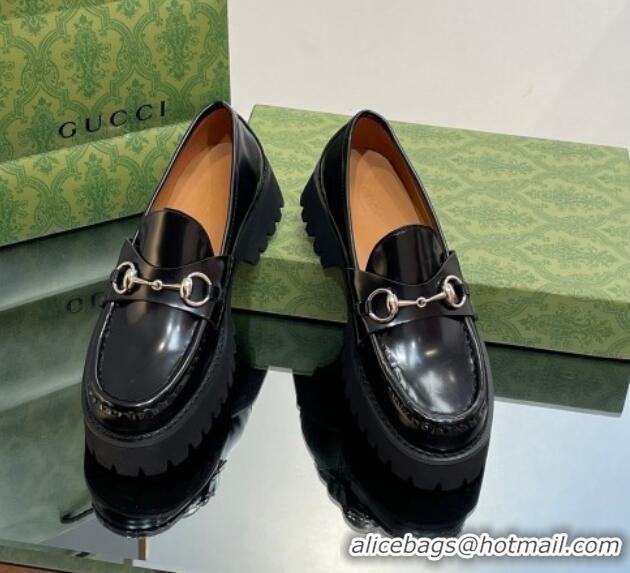 Hot Style Gucci Shiny Leather Platform Loafers 4.5cm with Horsebit Black 1231134