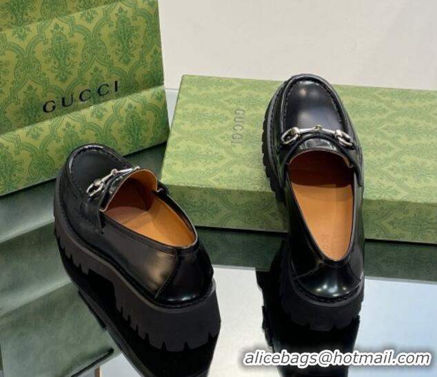 Hot Style Gucci Shiny Leather Platform Loafers 4.5cm with Horsebit Black 1231134