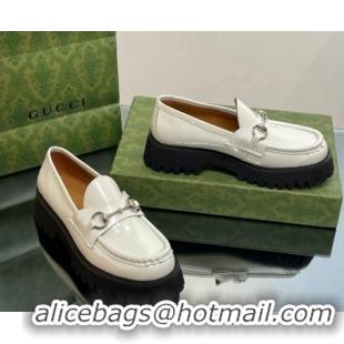 Classic Hot Gucci Shiny Leather Platform Loafers 4.5cm with Horsebit White 1231135