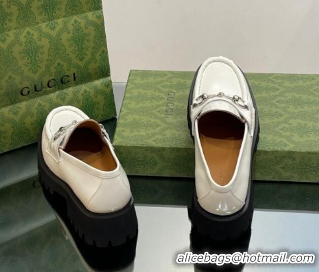 Classic Hot Gucci Shiny Leather Platform Loafers 4.5cm with Horsebit White 1231135