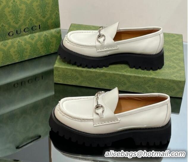 Classic Hot Gucci Shiny Leather Platform Loafers 4.5cm with Horsebit White 1231135