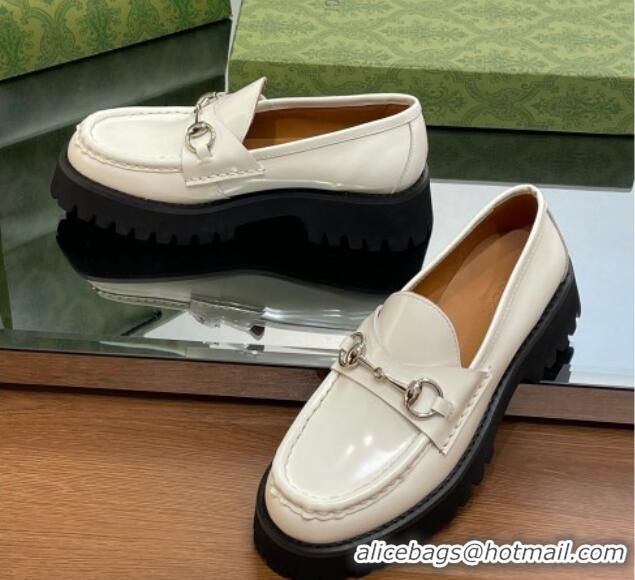 Classic Hot Gucci Shiny Leather Platform Loafers 4.5cm with Horsebit White 1231135