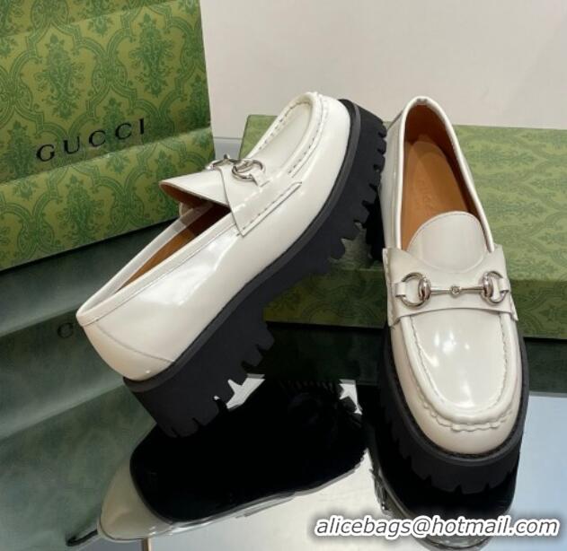 Classic Hot Gucci Shiny Leather Platform Loafers 4.5cm with Horsebit White 1231135