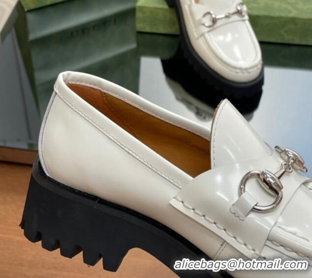 Classic Hot Gucci Shiny Leather Platform Loafers 4.5cm with Horsebit White 1231135