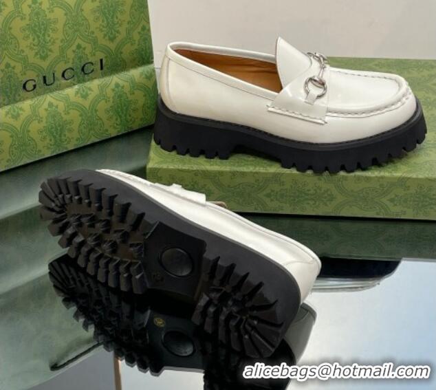 Classic Hot Gucci Shiny Leather Platform Loafers 4.5cm with Horsebit White 1231135