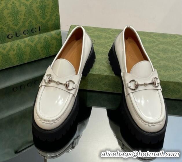 Classic Hot Gucci Shiny Leather Platform Loafers 4.5cm with Horsebit White 1231135