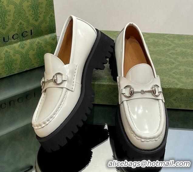 Classic Hot Gucci Shiny Leather Platform Loafers 4.5cm with Horsebit White 1231135