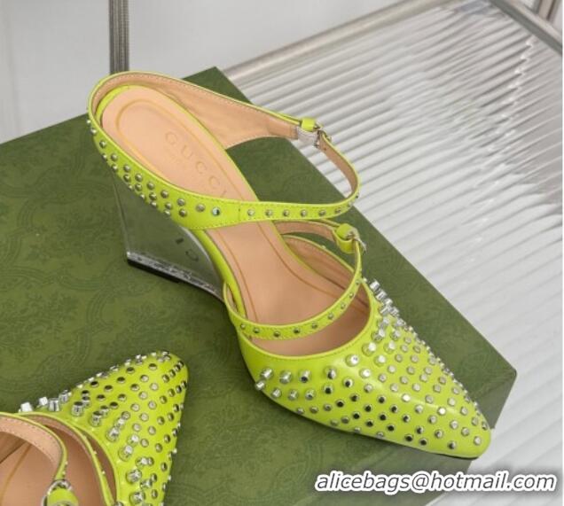 Good Quality Gucci Leather Clear Heel Wedge Pumps 10cm with Studs Green 1231137