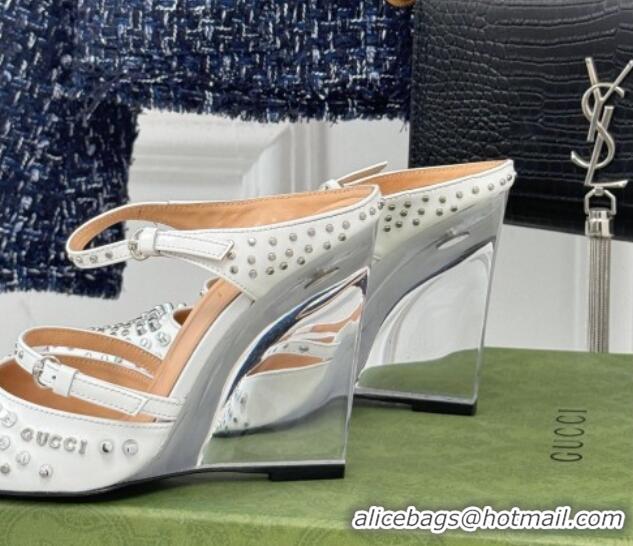 Sumptuous Gucci Leather Clear Heel Wedge Pumps 10cm with Studs White 1231138