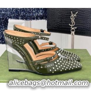 Best Grade Gucci Leather Clear Heel Wedge Pumps 10cm with Studs Green 1231140