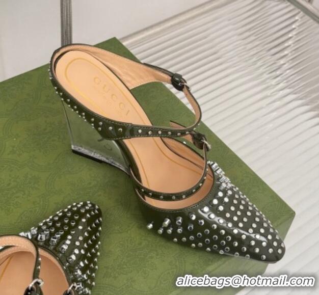 Best Grade Gucci Leather Clear Heel Wedge Pumps 10cm with Studs Green 1231140