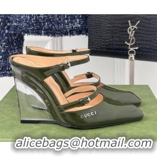 Top Grade Gucci Leather Clear Heel Wedge Pumps 10cm with Buckle Green 1231142