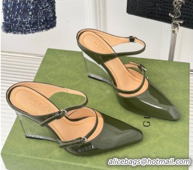 Top Grade Gucci Leather Clear Heel Wedge Pumps 10cm with Buckle Green 1231142