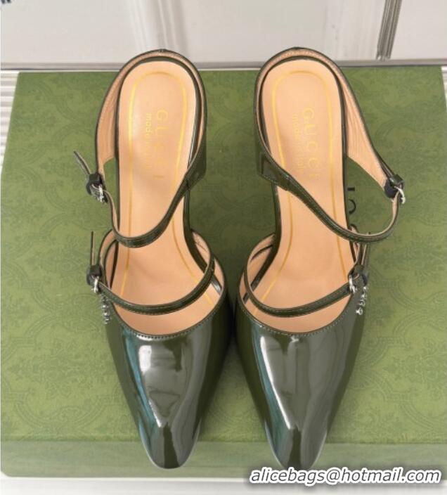 Top Grade Gucci Leather Clear Heel Wedge Pumps 10cm with Buckle Green 1231142