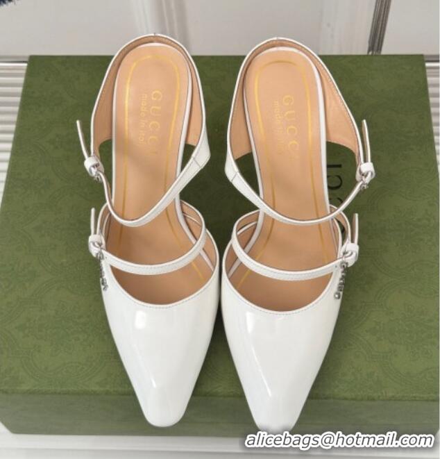 Purchase Gucci Leather Clear Heel Wedge Pumps 10cm with Buckle White 1231143