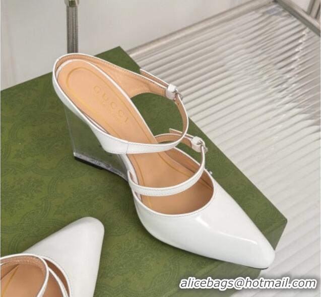 Purchase Gucci Leather Clear Heel Wedge Pumps 10cm with Buckle White 1231143