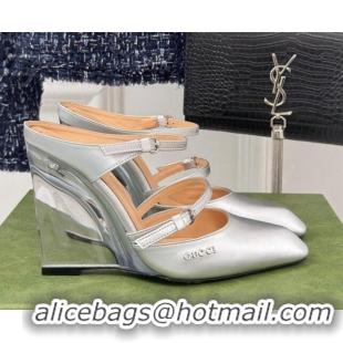 Good Looking Gucci Leather Clear Heel Wedge Pumps 10cm with Buckle Silver 1231145