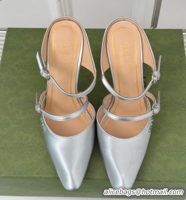 Good Looking Gucci Leather Clear Heel Wedge Pumps 10cm with Buckle Silver 1231145