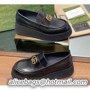 Best Price Gucci Leather Wedge Platform Loafers 5.5cm Black 1231147