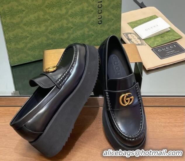 Best Price Gucci Leather Wedge Platform Loafers 5.5cm Black 1231147