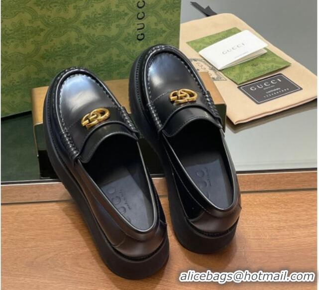 Best Price Gucci Leather Wedge Platform Loafers 5.5cm Black 1231147