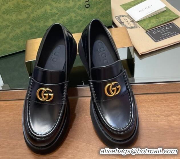 Best Price Gucci Leather Wedge Platform Loafers 5.5cm Black 1231147