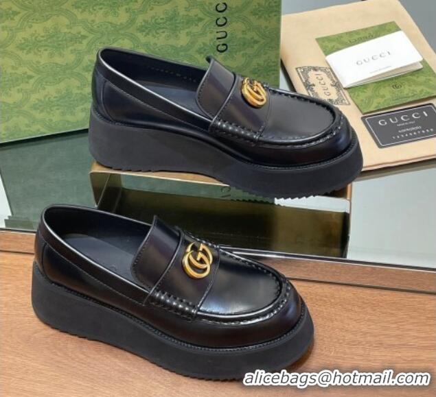 Best Price Gucci Leather Wedge Platform Loafers 5.5cm Black 1231147