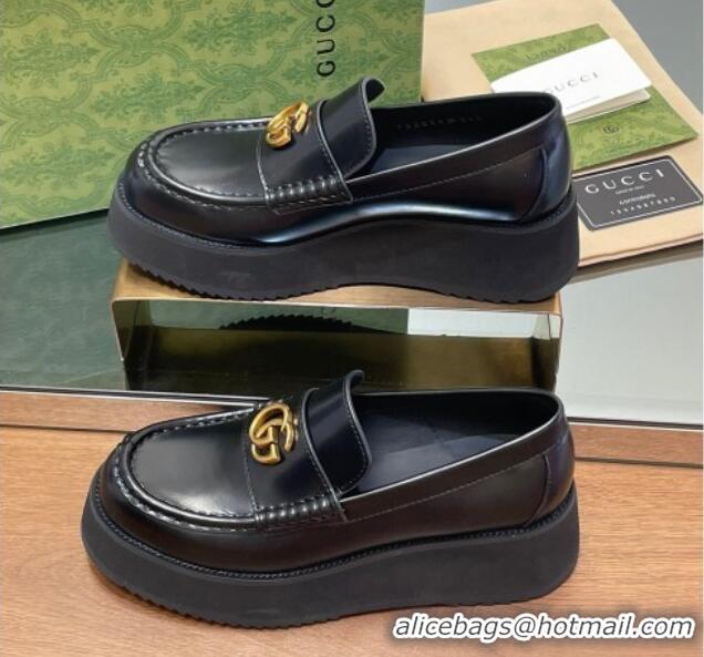 Best Price Gucci Leather Wedge Platform Loafers 5.5cm Black 1231147