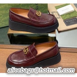 Good Quality Gucci Leather Wedge Platform Loafers 5.5cm Burgundy 1231148