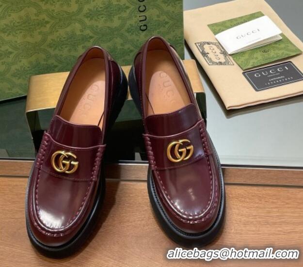 Good Quality Gucci Leather Wedge Platform Loafers 5.5cm Burgundy 1231148