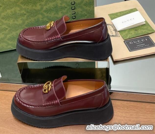 Good Quality Gucci Leather Wedge Platform Loafers 5.5cm Burgundy 1231148