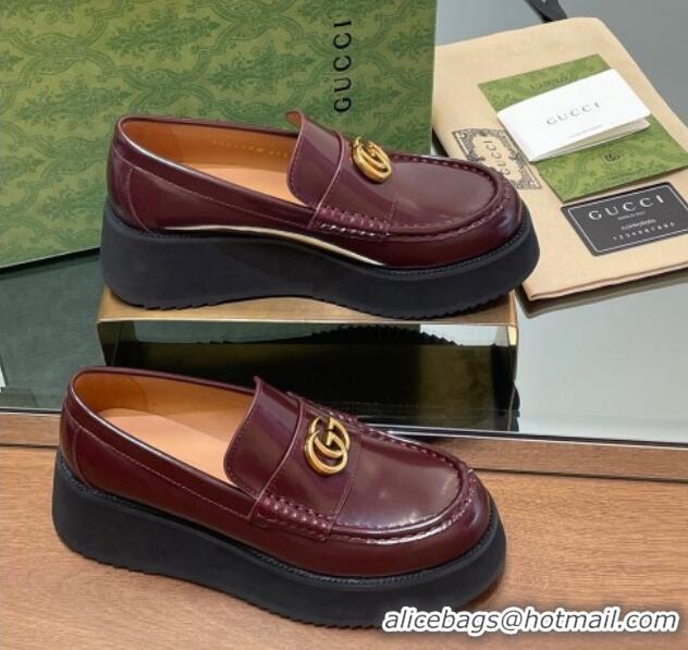 Good Quality Gucci Leather Wedge Platform Loafers 5.5cm Burgundy 1231148