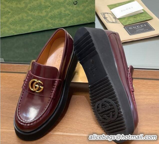 Good Quality Gucci Leather Wedge Platform Loafers 5.5cm Burgundy 1231148